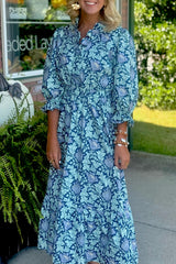 Brown Floral Printed Frilled V Neck Bracelet Sleeve Long Dress