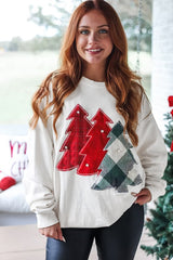 White Pearl Plaid Christmas Tree Patched Drop Shoulder Sweatshirt