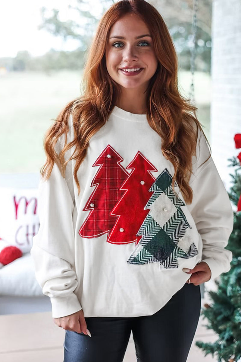 White Pearl Plaid Christmas Tree Patched Drop Shoulder Sweatshirt