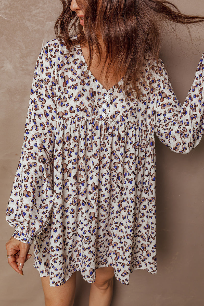 Multicolour Unique Leopard Print V Neck Button Detail Long Sleeve Mini Dress