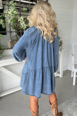 Myosotis Denim Puff Sleeve V Neck Ruffled Loose Mini Dress