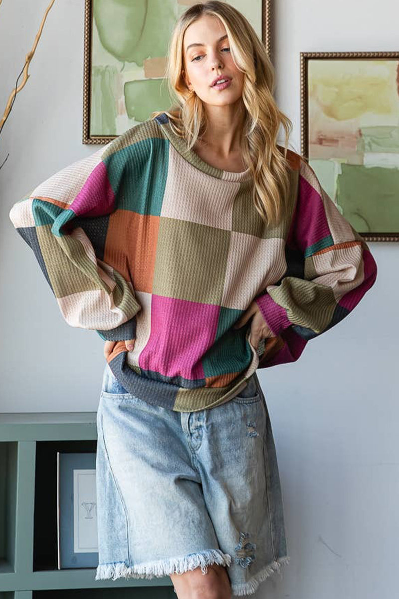 Green Checkered Print Textured Knit Long Sleeve Loose Top