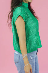 Bright Green Solid Color Metallic Knit High Neck Short Sleeve Sweater