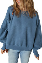 Sail Blue Fleece Drop Shoulder Exposed Seam Patchwork Sweatshirt