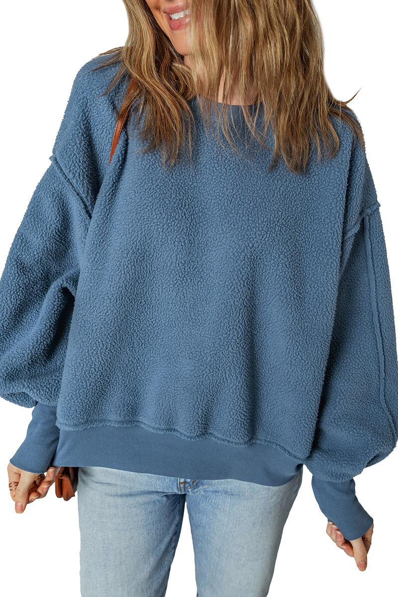 Sail Blue Fleece Drop Shoulder Exposed Seam Patchwork Sweatshirt
