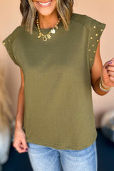 Black Casual Rivet Round Neck T Shirt