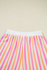 Pink Stripe Drop Shoulder Half Sleeve Loose Tee and Shorts Casual Set