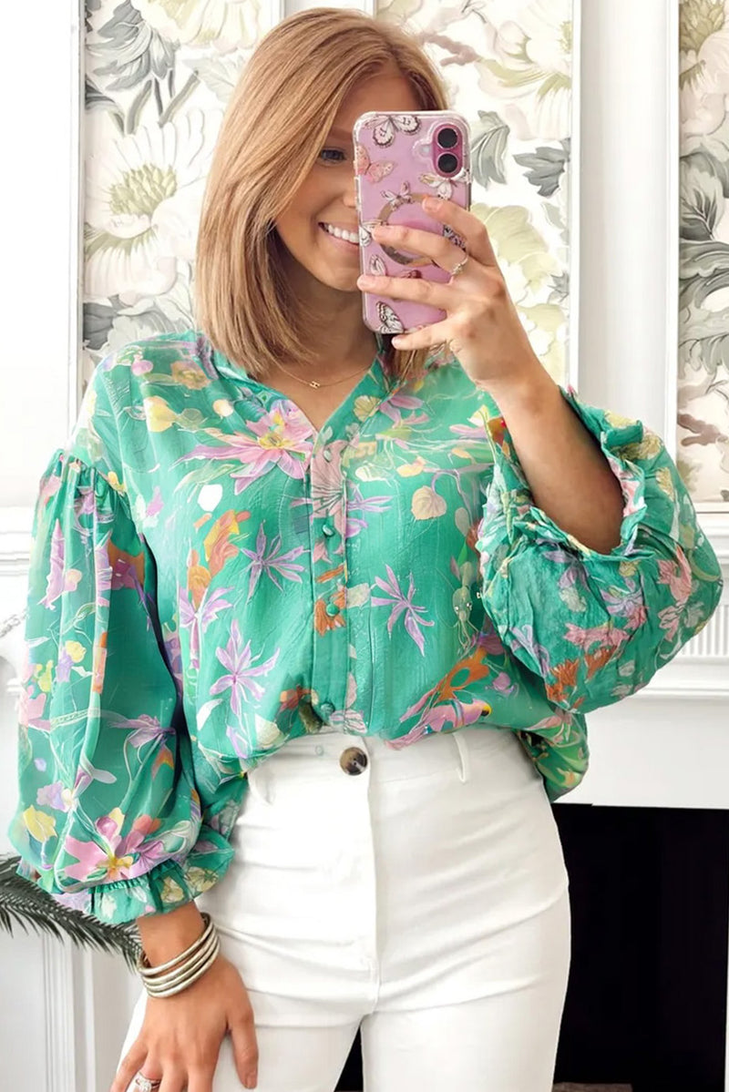 Green Floral Lantern Sleeve Button Front Shirt