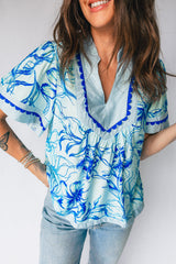 Sky Blue Ricrac Trim Slit V Neck Short Sleeve Floral Blouse