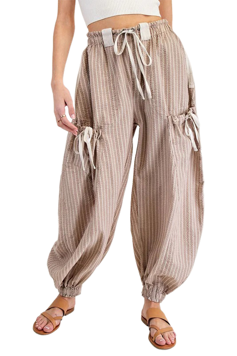Brown Striped Pocket Knot Detail Lantern Pants