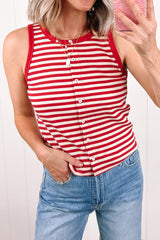 Red Stripe Buttoned Ribbed Knit Tank Top