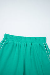 Dark Green V Neck Piping Trim Pullover Top and Shorts Set