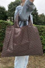 Coffee Checkered Print Large Foldable Tote Bag