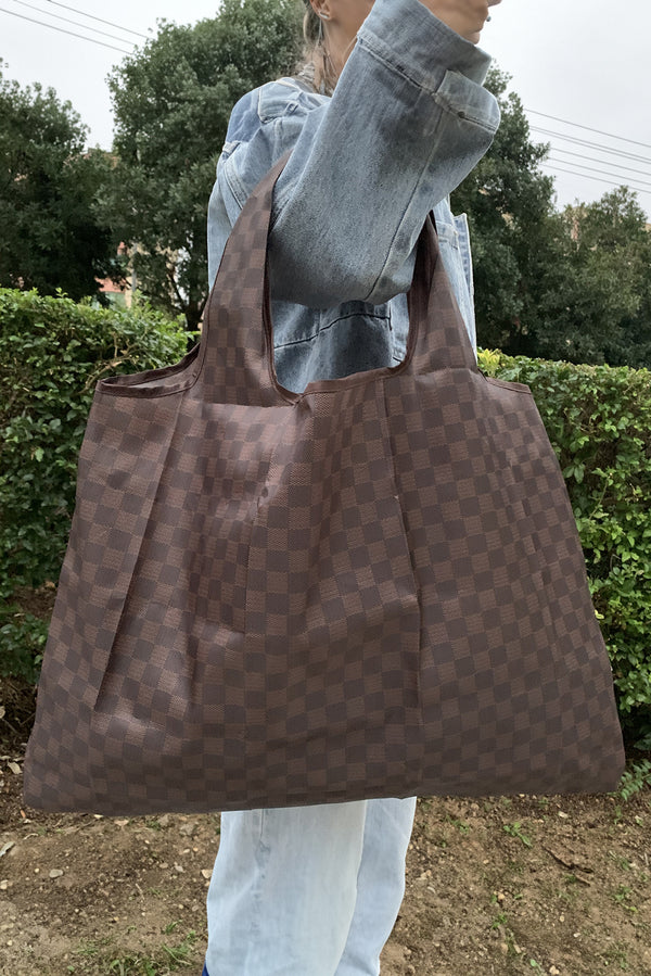 Coffee Checkered Print Large Foldable Tote Bag