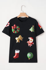 Black Sequin Christmas Graphic Patch Application Crewneck T Shirt