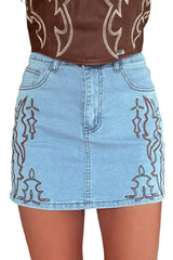 Beau Blue Abstract Embroidered Denim Mini Skirt