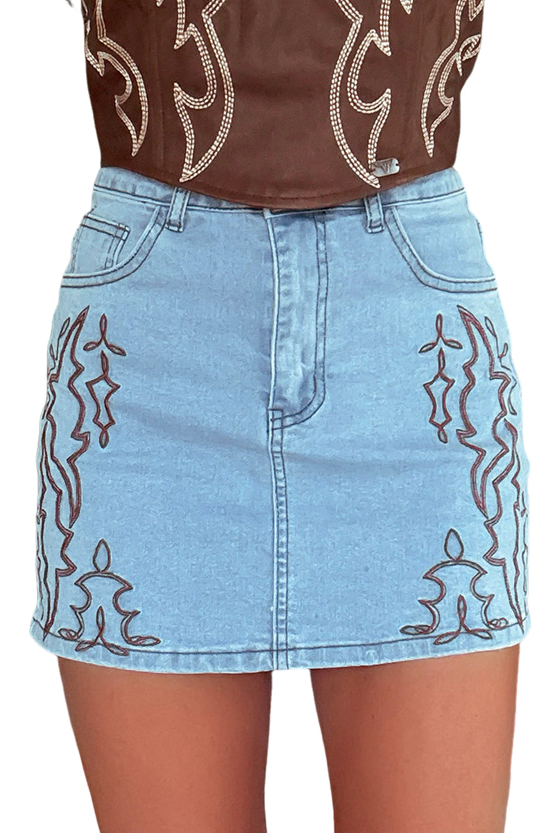 Beau Blue Abstract Embroidered Denim Mini Skirt