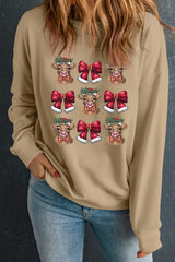 Khaki Christmas Heifer Bow Knot Print Womens Casual Sweatshirt