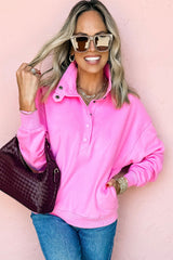 Bright Pink Half Button Collar Drop Shoulder Sweatshirt