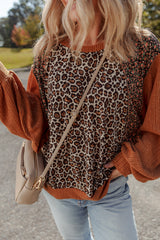 Brown Leopard Floral Print Ribbed Patchwork Puff Sleeve Loose Pullover
