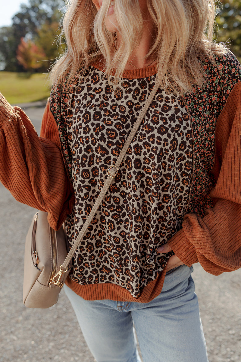 Brown Leopard Floral Print Ribbed Patchwork Puff Sleeve Loose Pullover
