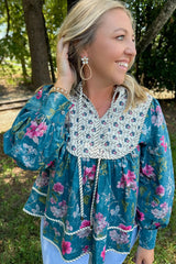 Sky Blue Floral Print Contrast Yoke Patchwork Striped Trim Long Puff Sleeve Blouse