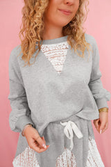 Light Grey Lace Patchwork Drop Shoulder Pullover Drawstring Skort Set