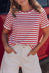 Green Stripe Scalloped Trim Round Neck T Shirt