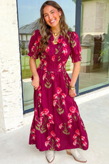 Red Floral Print Frilled V Neck Short Sleeve Ruffle Maxi Dress