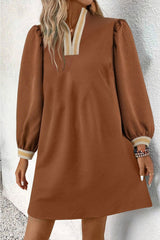 Chestnut Textured Contrast Striped Split Neck Long Sleeve Mini Dress