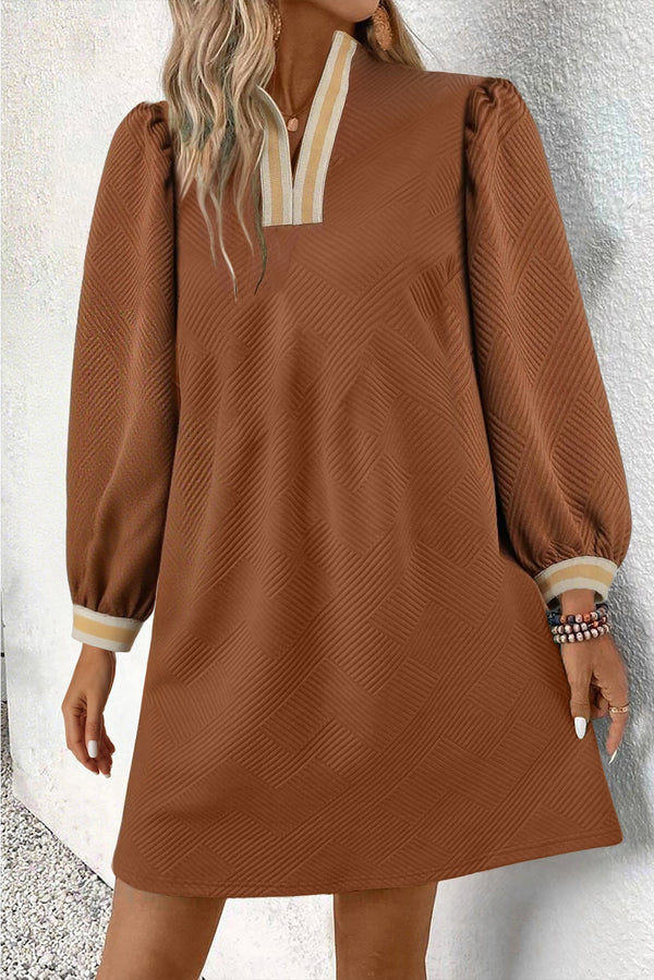 Chestnut Textured Contrast Striped Split Neck Long Sleeve Mini Dress