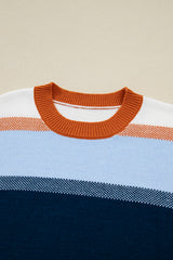 Dark Blue Color Block Round Neck Tunic Sweater