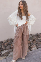 Straw Yellow Mineral Wash Tiered Wide Leg Patchwork Drawstring Pants