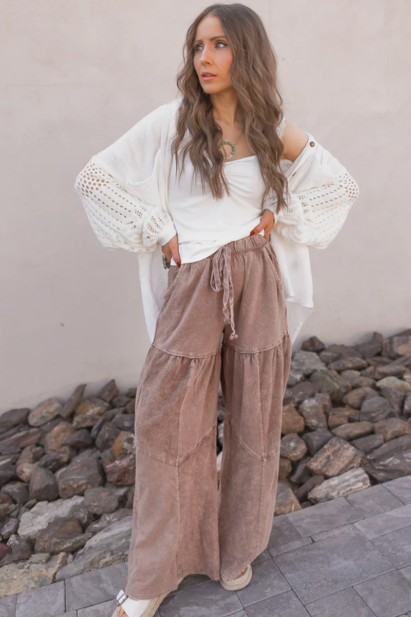 Straw Yellow Mineral Wash Tiered Wide Leg Patchwork Drawstring Pants