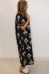 Black Floral Print Frilled Collar Short Puff Sleeve Maxi Dress