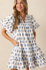 Sky Blue Floral Print Puff Sleeve Tiered Mini Dress