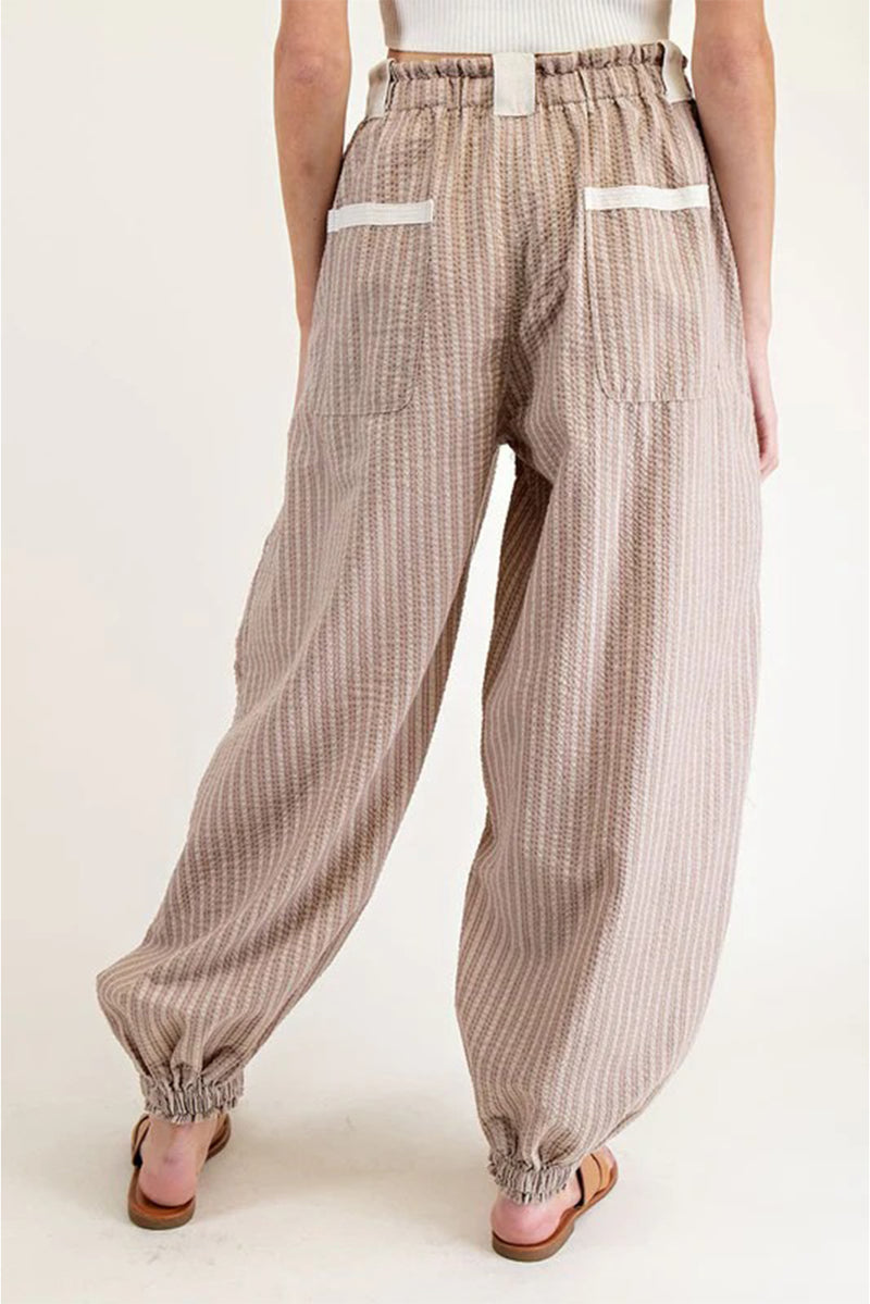 Brown Striped Pocket Knot Detail Lantern Pants