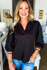 Blackish Green Textured V Neck Colorblock Cuffs Sweatshirt