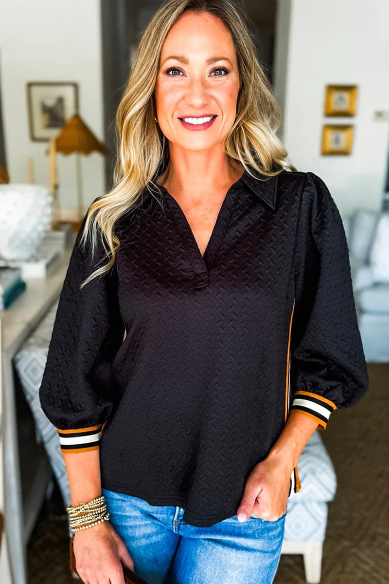 Blackish Green Textured V Neck Colorblock Cuffs Sweatshirt