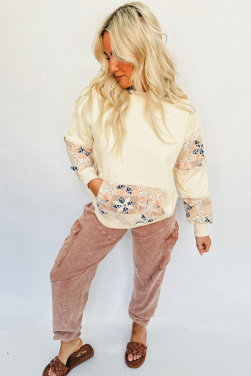 Beige Geometric Pattern Patchwork Hoodie