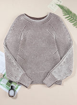 Light French Beige Striped Print Ribbed Knit Raglan Sleeve Baggy Sweater