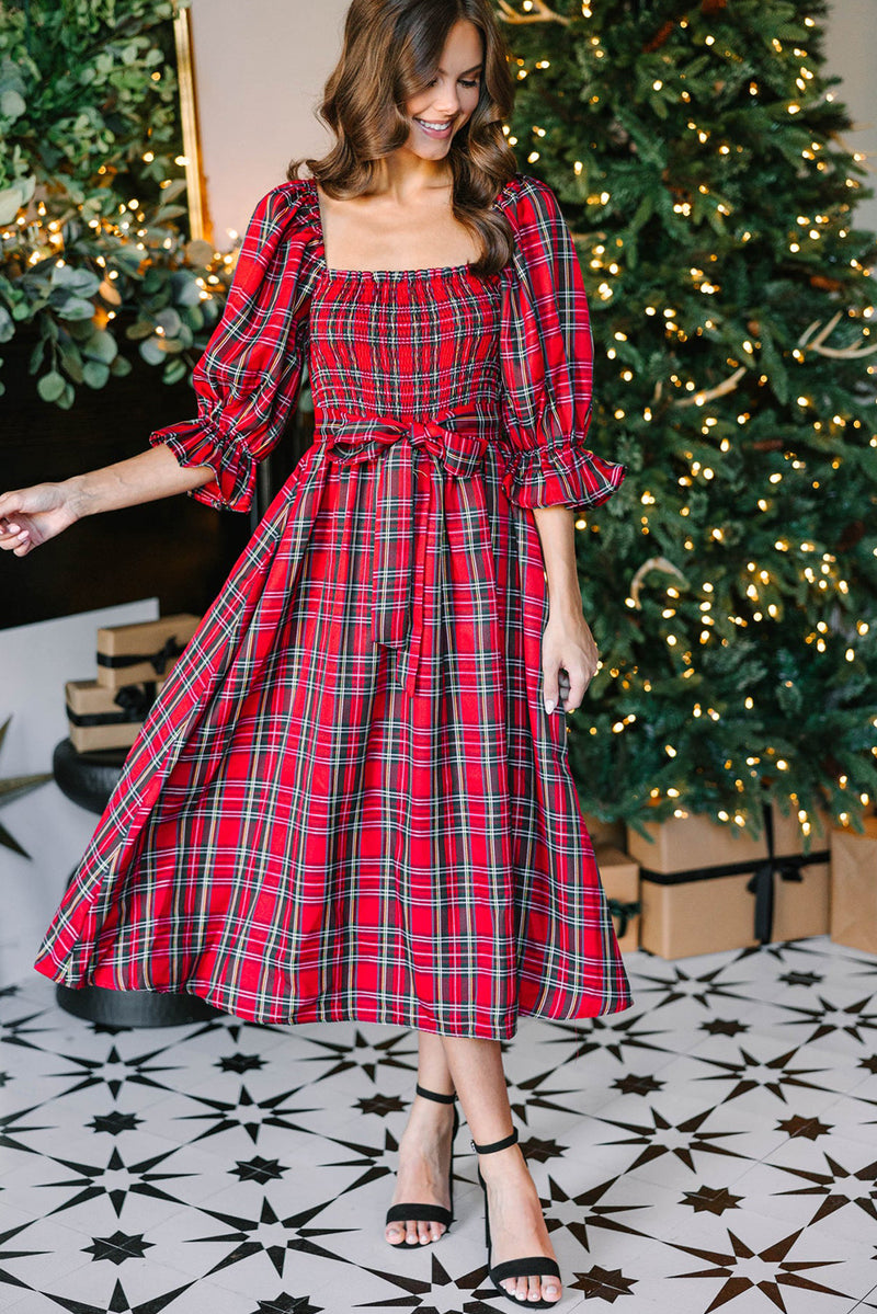 Green Plaid Square Neck Puff Sleeve Bowknot Waist Flared Midi Dress