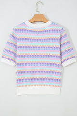 Rose Red Abstract Striped Knit Short Sleeve Sweater