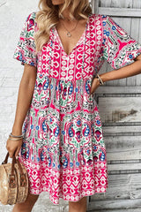 Pink Bohemian Tie Neck Flounce Sleeve Ruffle Hem Mini Dress