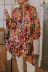 Brown Floral Print Shirt Style Long Sleeve Ruffle Mini Dress