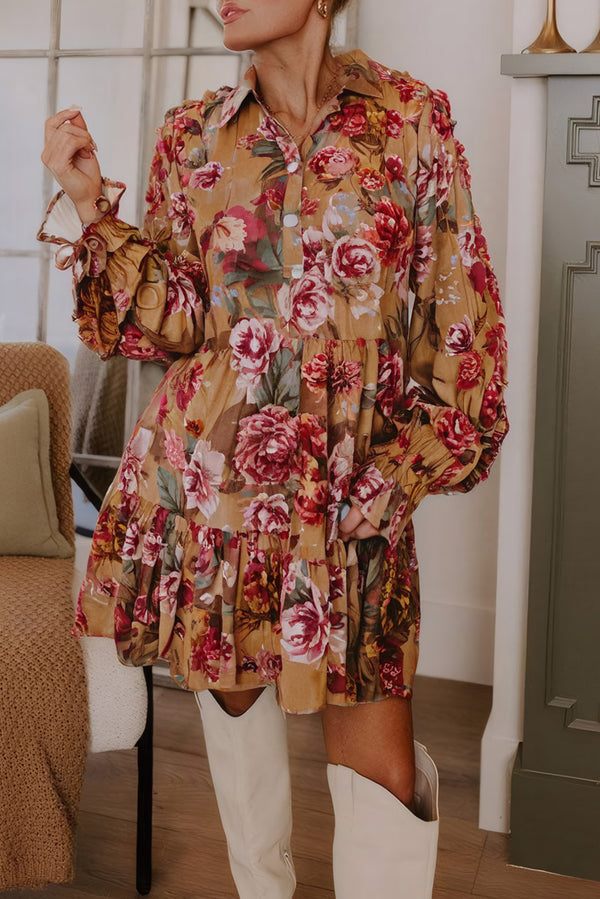 Brown Floral Print Shirt Style Long Sleeve Ruffle Mini Dress