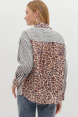 Black Leopard and Striped Patchwork Button Shirt