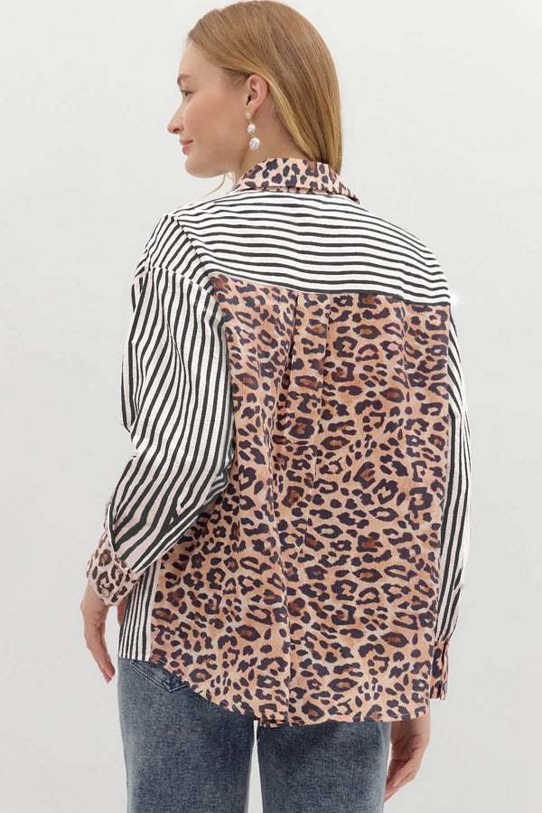 Black Leopard and Striped Patchwork Button Shirt