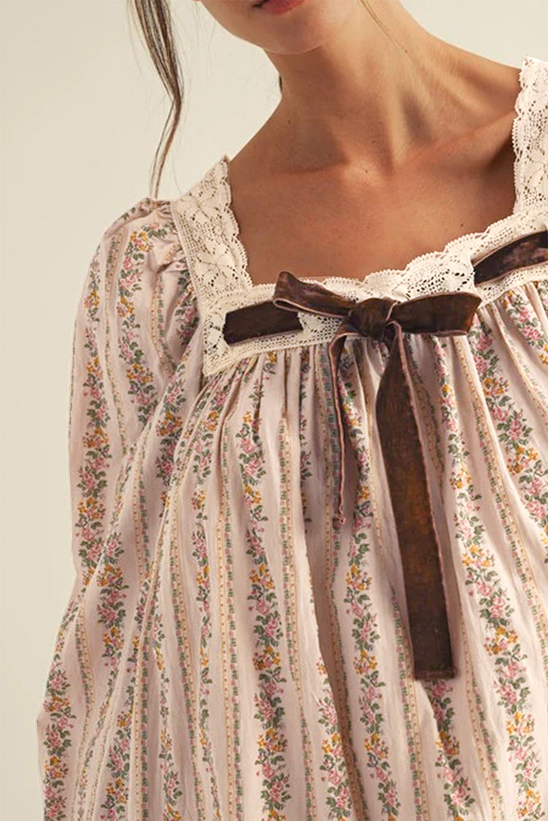 Khaki Velvet Bow Front Floral Print Long Sleeve Short Dress