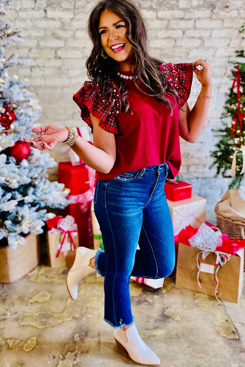Racing Red Pearl Plaid Ruffle Sleeve Loose T Shirt